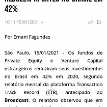 TTR: Fundos de private equity e venture capital estrangeiros reduzem aportes no Brasil em 42%